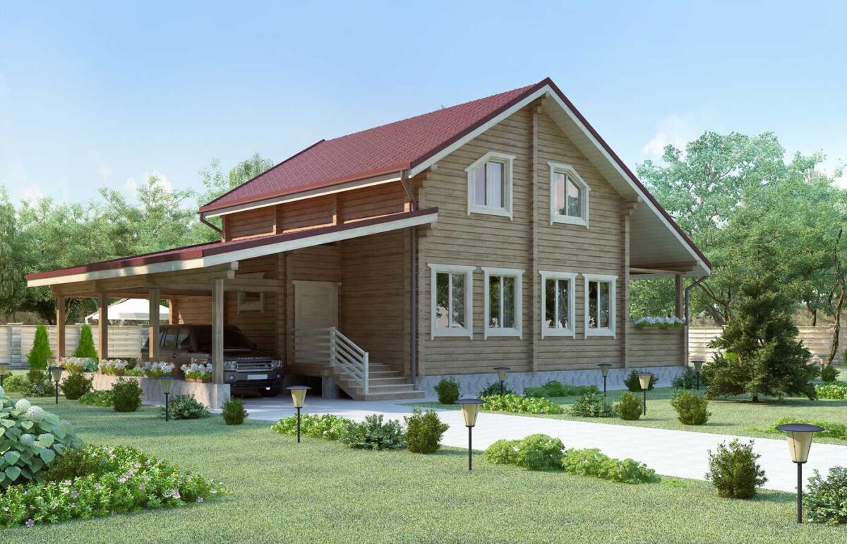 Проект дома из клееного бруса от ВДК Фиеста 140 кв.м + навес 29 кв.м